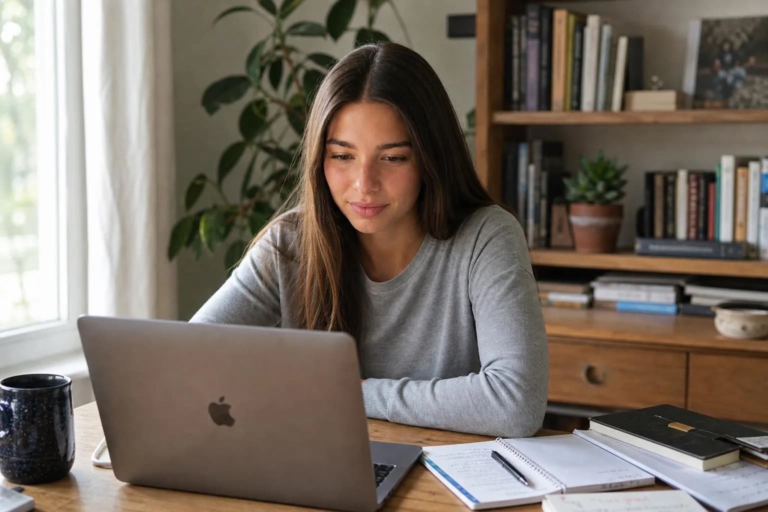 Young woman working at a home desk on her laptop